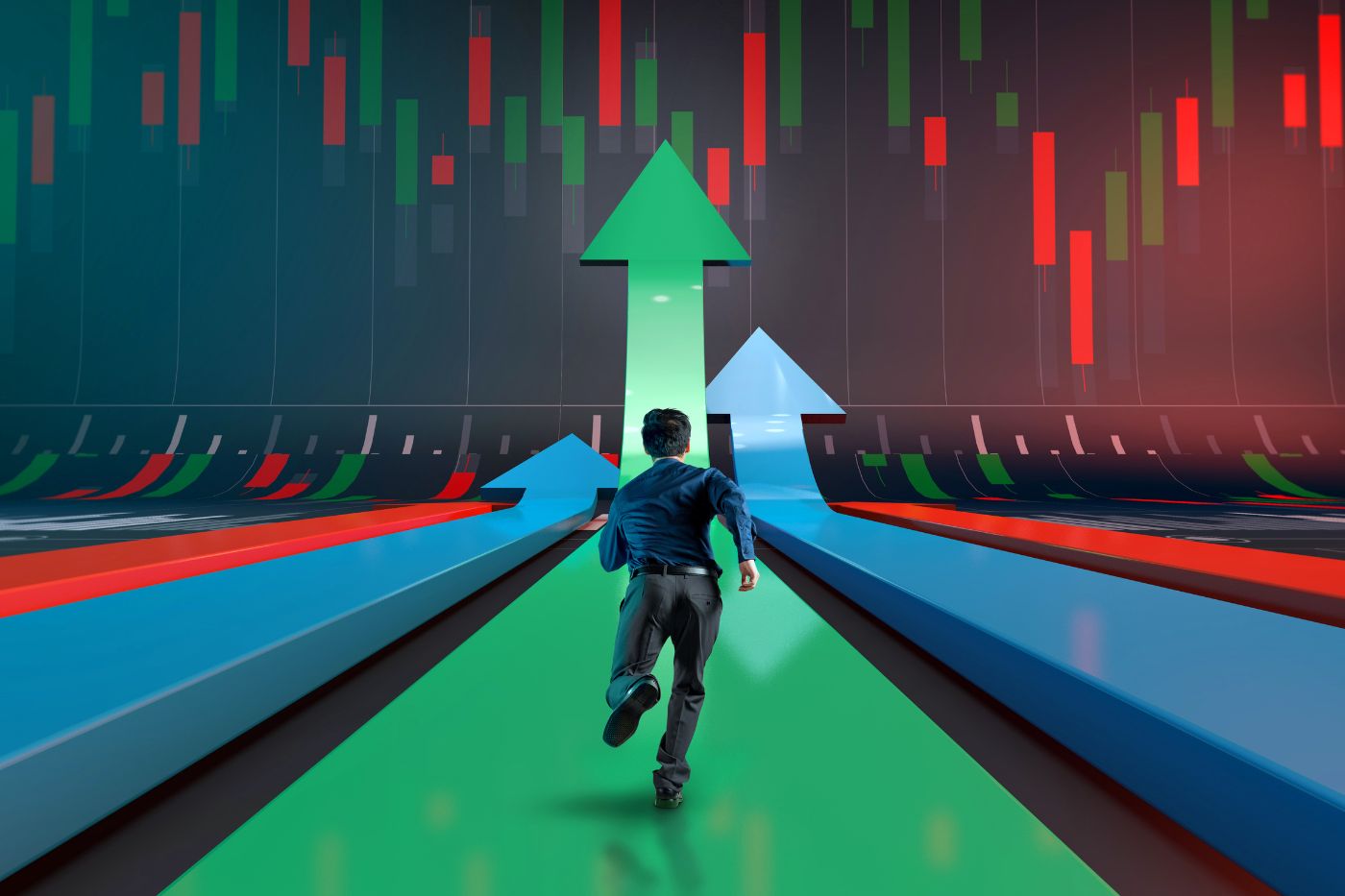 person running on a green arrow that moves upward with a stock market ticker on the wall behind the arrow